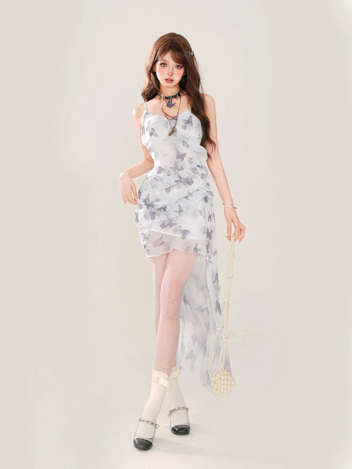 Summer Chiffon Dress Butterfly Cardigan   Asymmetrical