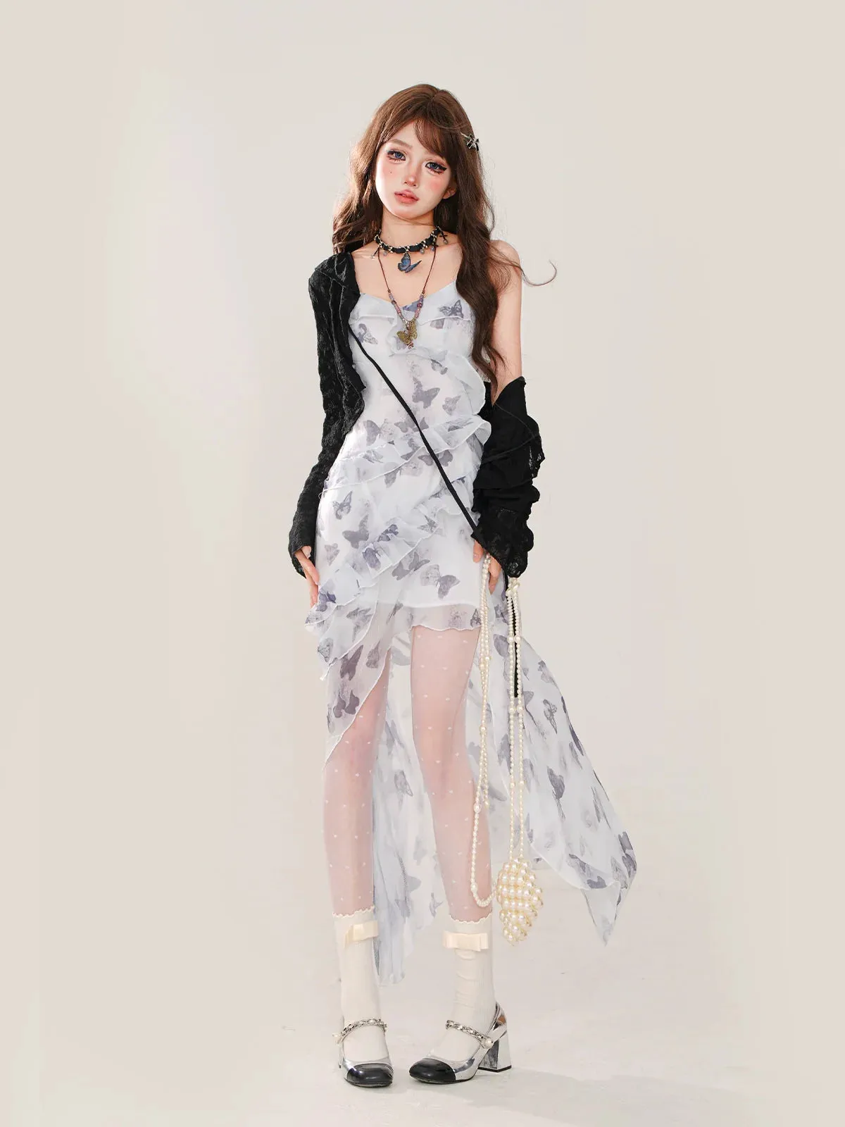 Summer Chiffon Dress Butterfly Cardigan   Asymmetrical