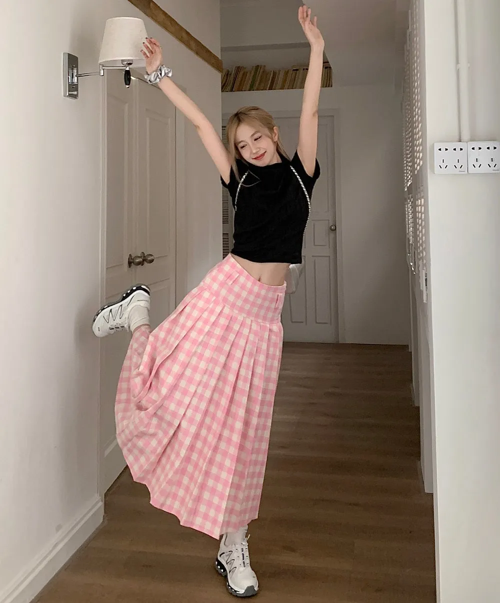 Summer Fashion Cute Trendy Retro Vintage Pink Plaid A-line Skirt