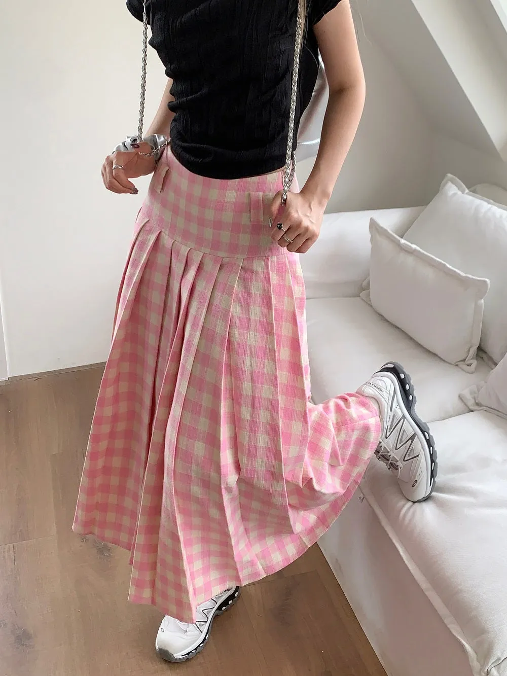 Summer Fashion Cute Trendy Retro Vintage Pink Plaid A-line Skirt