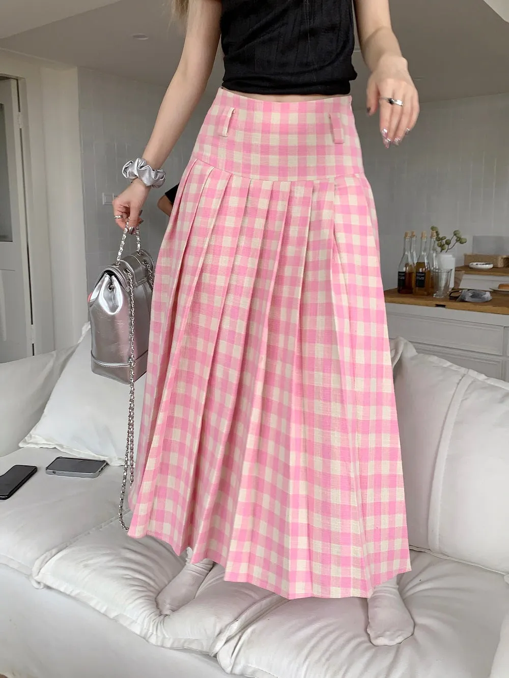 Summer Fashion Cute Trendy Retro Vintage Pink Plaid A-line Skirt