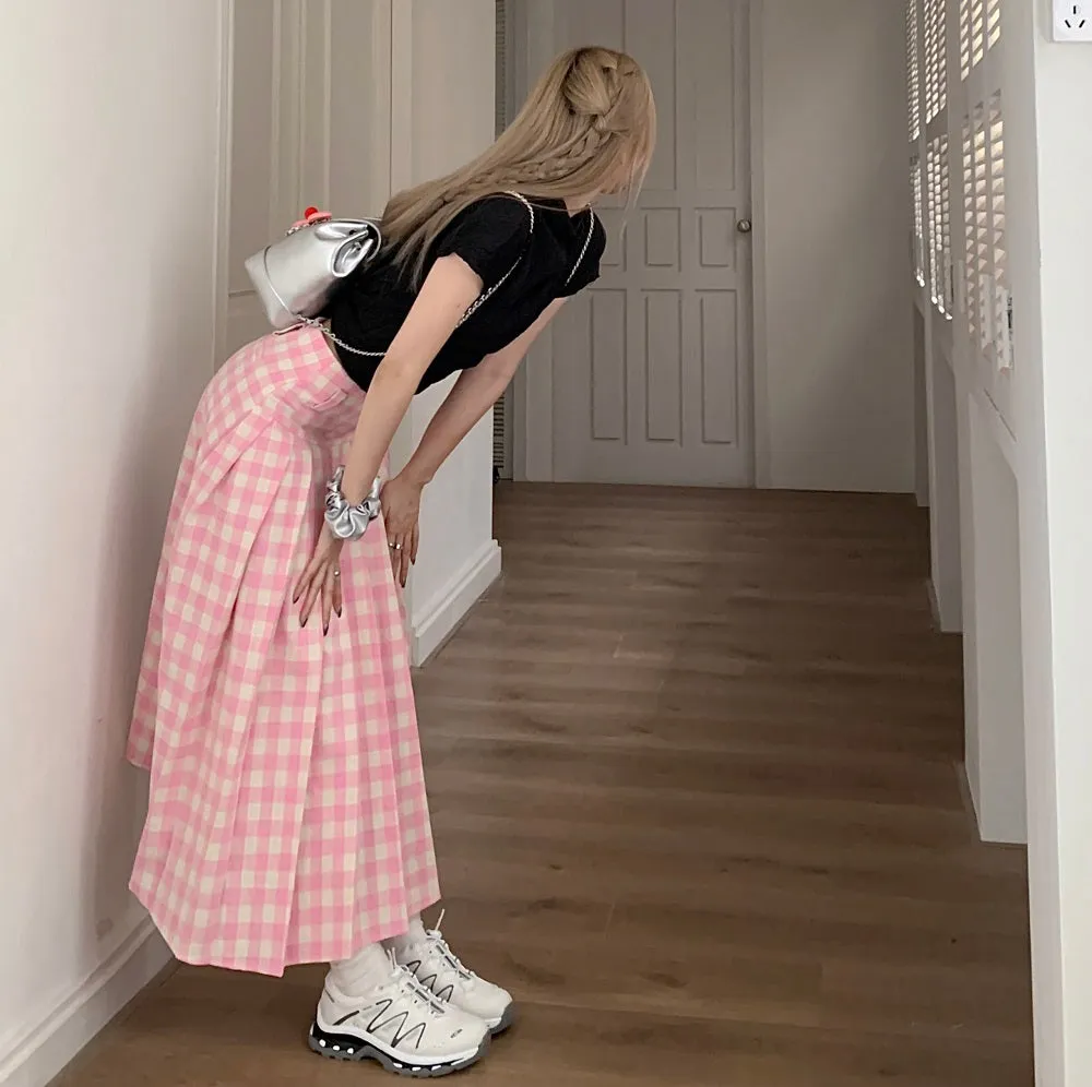 Summer Fashion Cute Trendy Retro Vintage Pink Plaid A-line Skirt