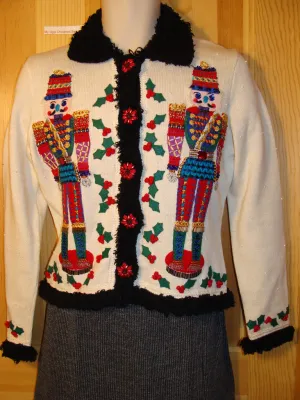 Tacky Ugly Christmas Sweater Bold Festive Nutcrackers and Fur Collar and Cuffs (f442)