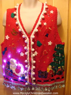 Tacky Ugly Christmas Sweater Vest with Lights and Fringe (g6)