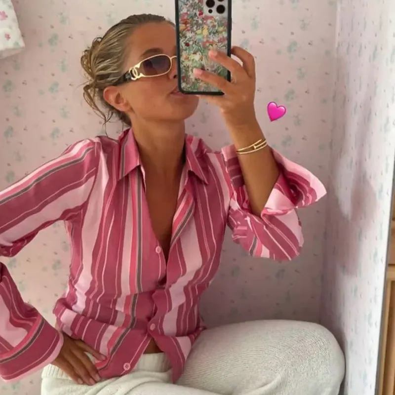 TAVIMART  -  Fashionable Retro Street Commuter Style Striped Shirt 2024 American Temperament New Casual Cardigan Long Sleeve