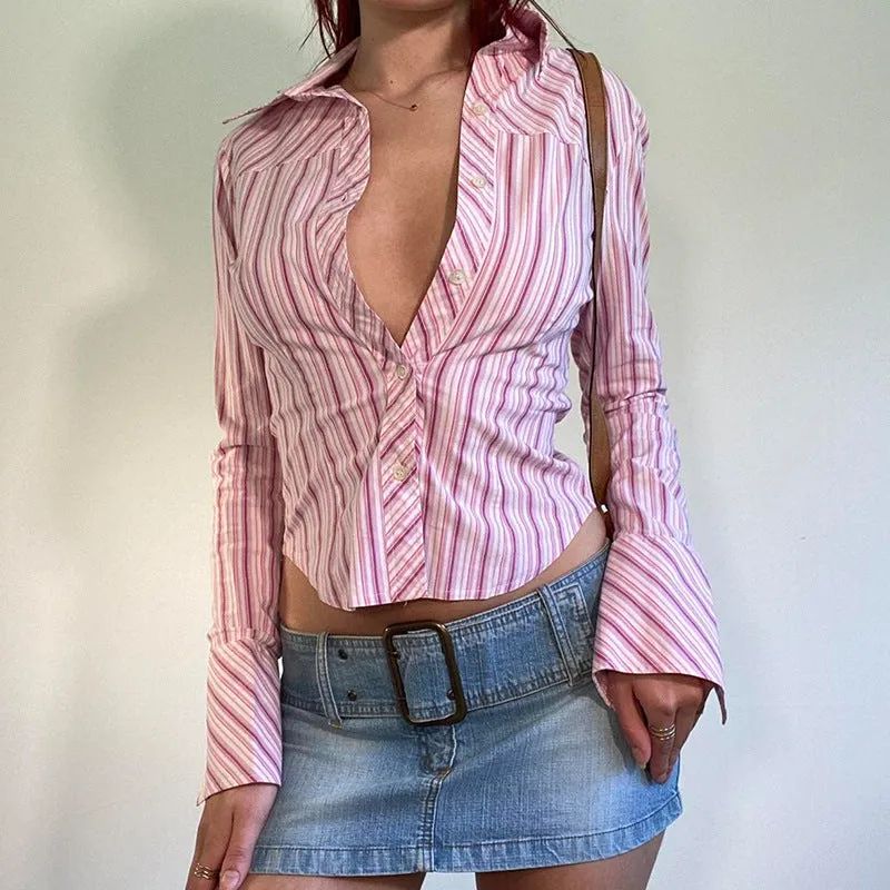 TAVIMART  -  Fashionable Retro Street Commuter Style Striped Shirt 2024 American Temperament New Casual Cardigan Long Sleeve