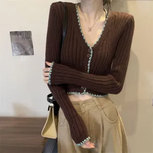 Toleet Black Friday Cyber Monday Christmas Long Sleeve Sweater Short Retro Shoulder V-neck Knitted Cardigan Contrast Color Autumn and Winter Top