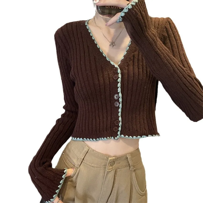 Toleet Black Friday Cyber Monday Christmas Long Sleeve Sweater Short Retro Shoulder V-neck Knitted Cardigan Contrast Color Autumn and Winter Top