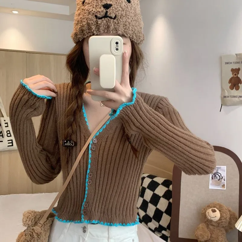Toleet Black Friday Cyber Monday Christmas Long Sleeve Sweater Short Retro Shoulder V-neck Knitted Cardigan Contrast Color Autumn and Winter Top