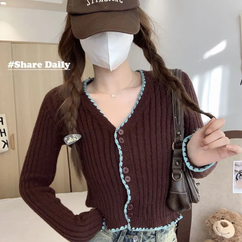 Toleet Black Friday Cyber Monday Christmas Long Sleeve Sweater Short Retro Shoulder V-neck Knitted Cardigan Contrast Color Autumn and Winter Top