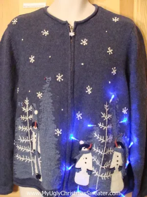 Two Sided Blue Snowman Themed Light Up Sweater