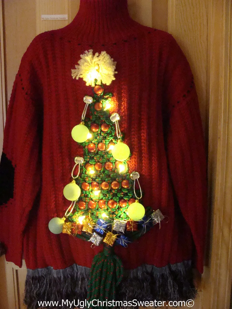 Ugly Christmas Sweater Party Holy Grail of Ugly Sweater with 3D Macrame Tree with Lights, Ornaments, and Gifts (z25)