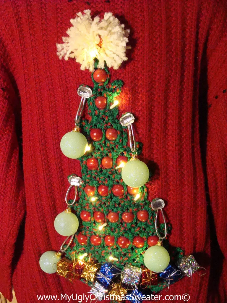Ugly Christmas Sweater Party Holy Grail of Ugly Sweater with 3D Macrame Tree with Lights, Ornaments, and Gifts (z25)
