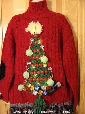 Ugly Christmas Sweater Party Holy Grail of Ugly Sweater with 3D Macrame Tree with Lights, Ornaments, and Gifts (z25)