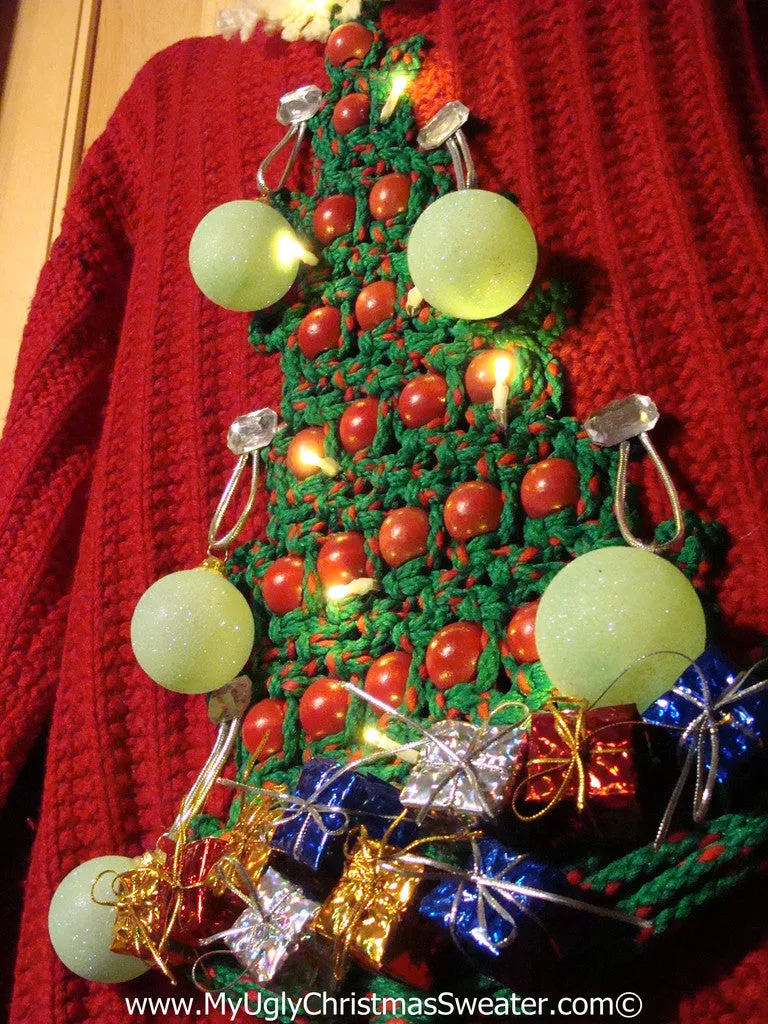 Ugly Christmas Sweater Party Holy Grail of Ugly Sweater with 3D Macrame Tree with Lights, Ornaments, and Gifts (z25)