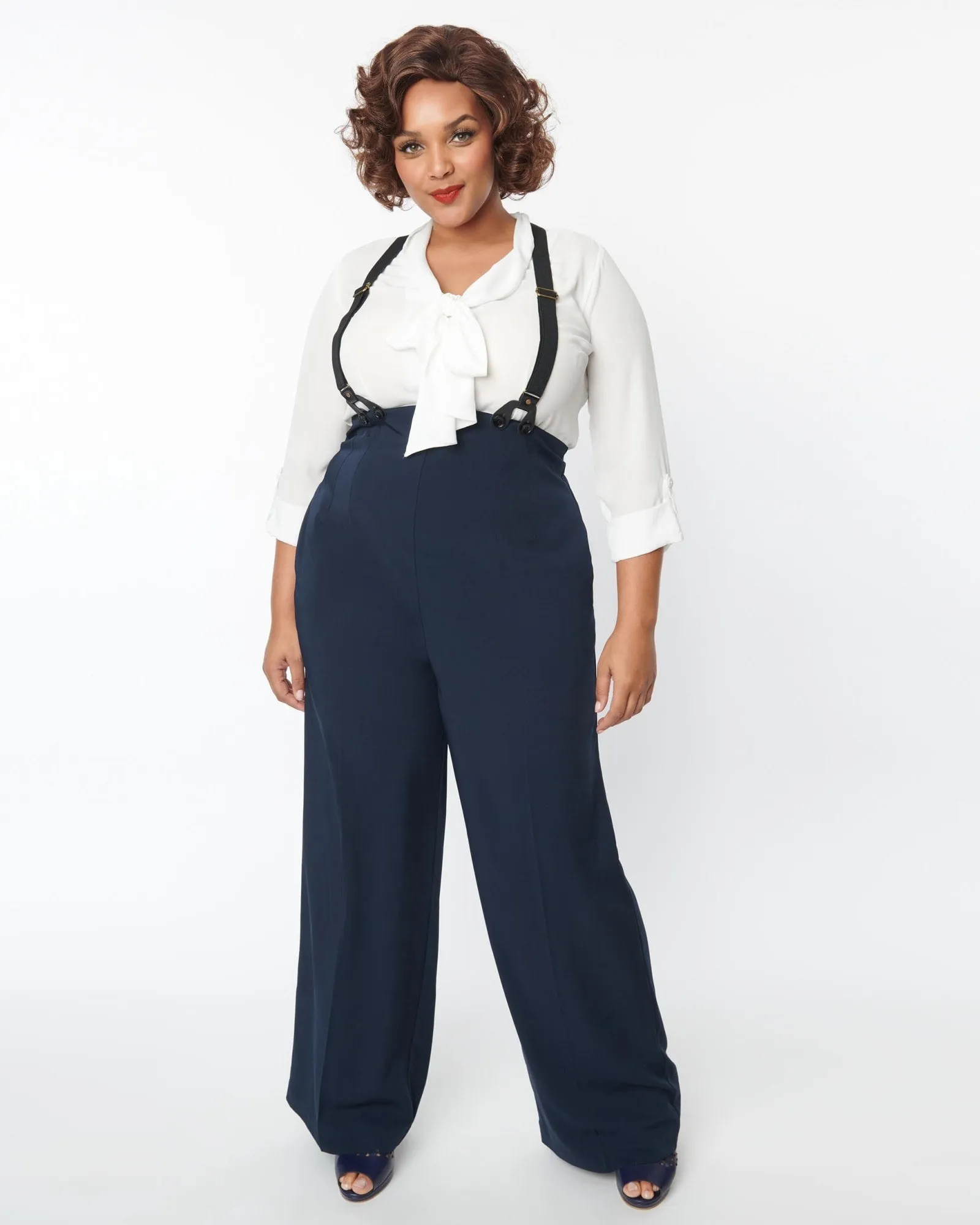 Unique Vintage Navy High Waist Suspender Pants | Blue
