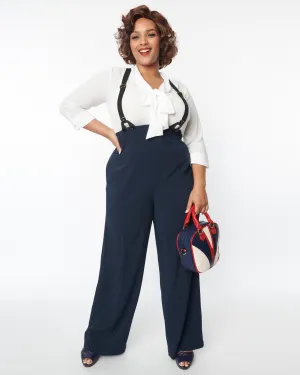 Unique Vintage Navy High Waist Suspender Pants | Blue