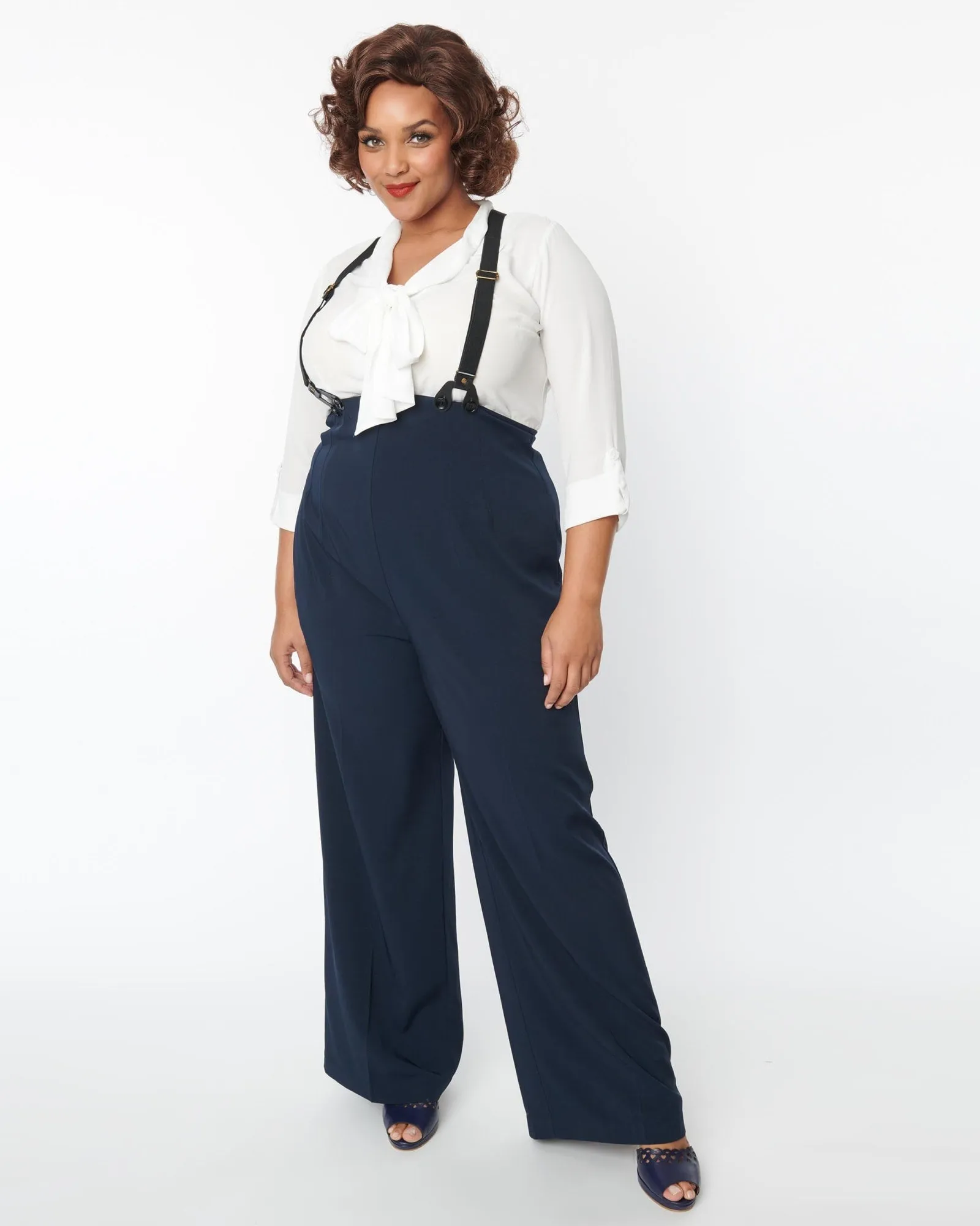 Unique Vintage Navy High Waist Suspender Pants | Blue