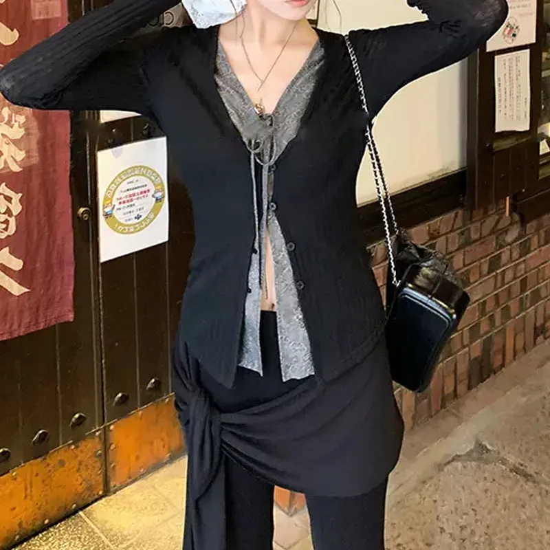 Uniwim outfit inspo Contrast Charm V-neck Fake Two-Piece Contrast Color Jacquard Lace-up Knitted Cardigan Women's Long-Sleeved Top