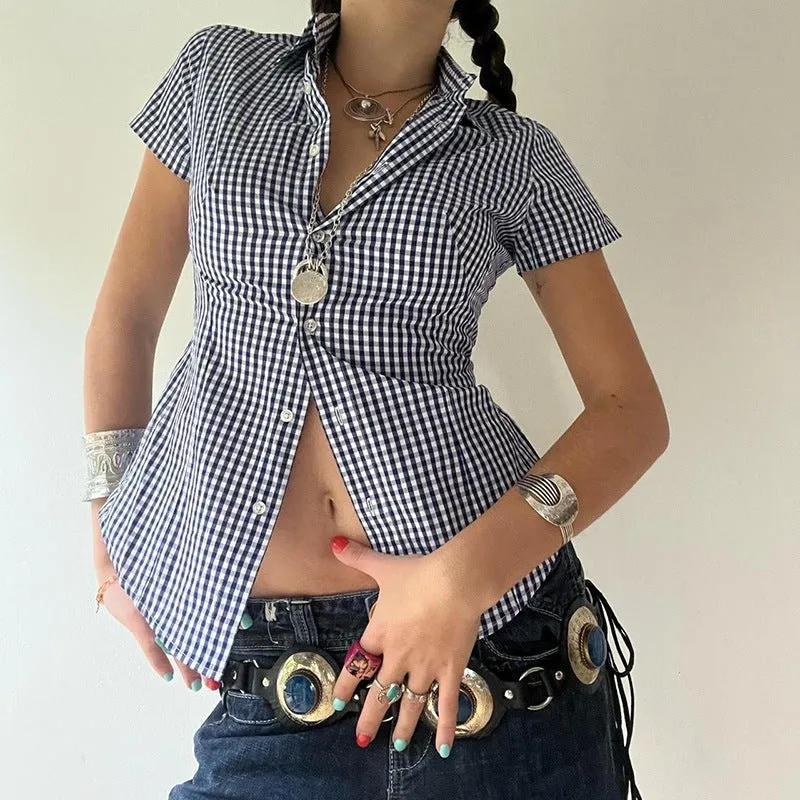Vevesc 90s fashion Retro Casual Style Blue Plaid Short-Sleeved Shirt Women's Polo Collar Tight Waist Tight Single-Breasted Top