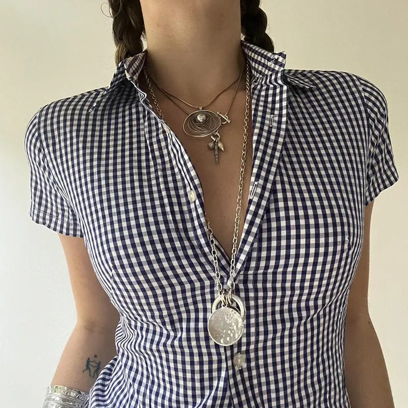 Vevesc 90s fashion Retro Casual Style Blue Plaid Short-Sleeved Shirt Women's Polo Collar Tight Waist Tight Single-Breasted Top