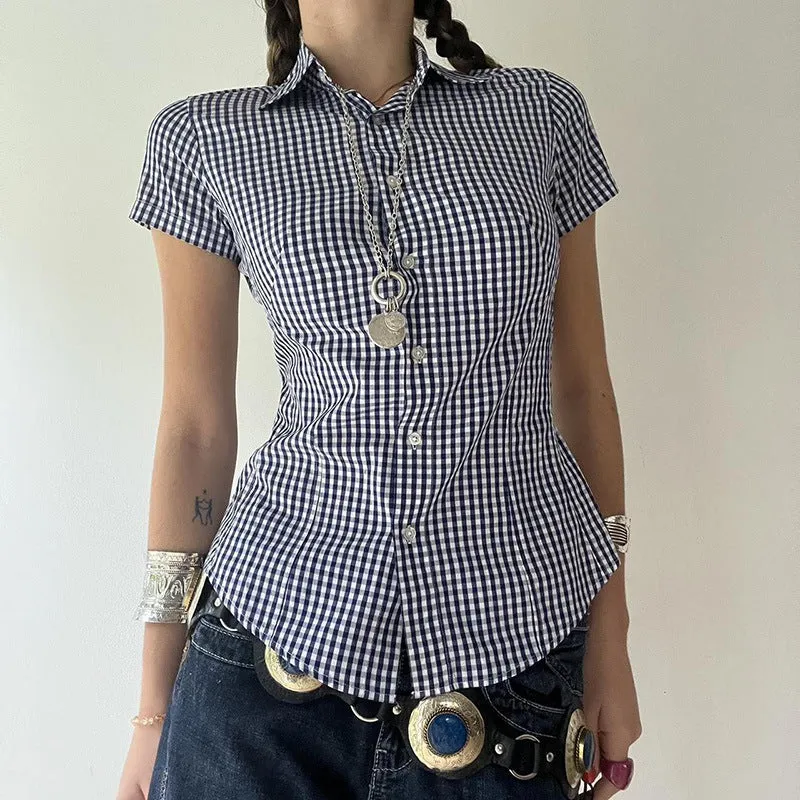 Vevesc 90s fashion Retro Casual Style Blue Plaid Short-Sleeved Shirt Women's Polo Collar Tight Waist Tight Single-Breasted Top