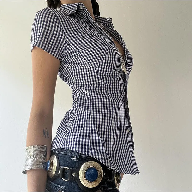 Vevesc 90s fashion Retro Casual Style Blue Plaid Short-Sleeved Shirt Women's Polo Collar Tight Waist Tight Single-Breasted Top