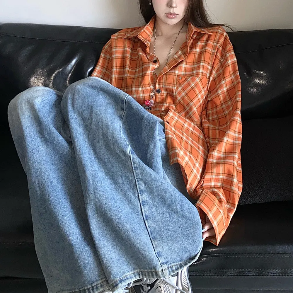 Vevesc 90s streetwear 2024 Autumn New American Retro White Orange Plaid Shirt Coat Men's and Women's Loose Shirt Fashion