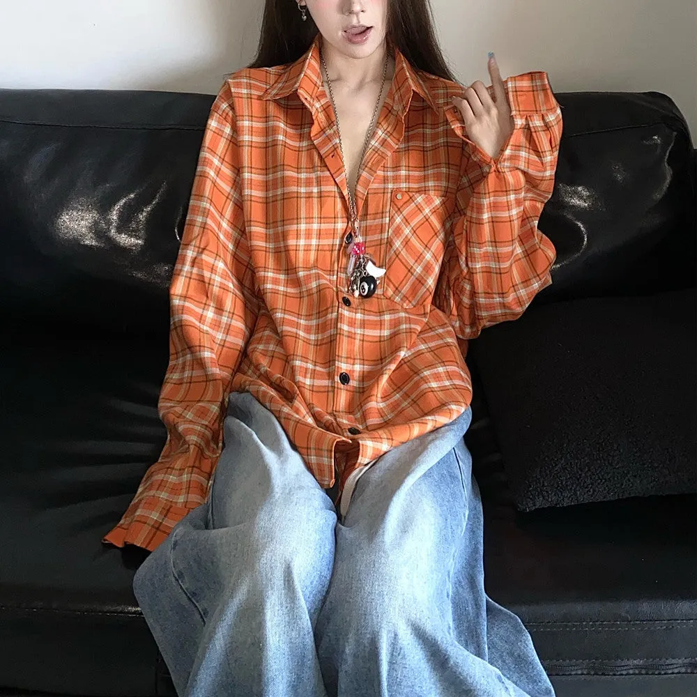 Vevesc 90s streetwear 2024 Autumn New American Retro White Orange Plaid Shirt Coat Men's and Women's Loose Shirt Fashion