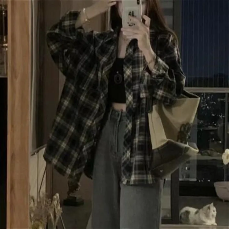 Wenkouban 2024 fall fashion trends Retro Plaid Shirt Coat for Women Summer New Long Sleeve Casual Draping Shirt Design Sense Niche Top