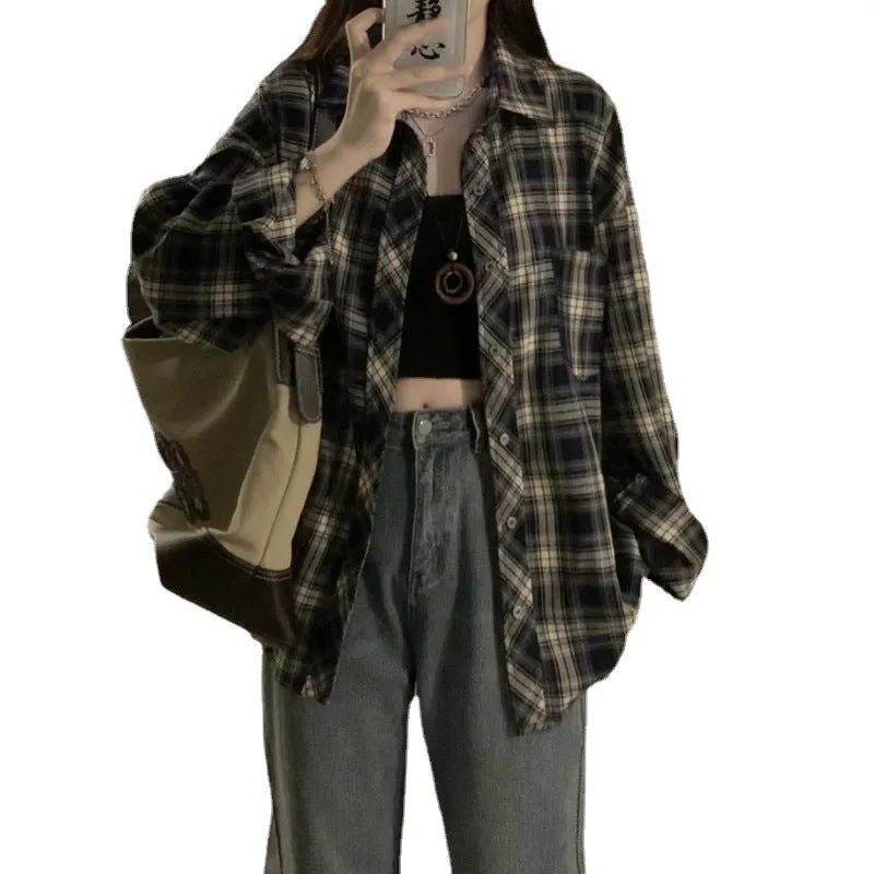 Wenkouban 2024 fall fashion trends Retro Plaid Shirt Coat for Women Summer New Long Sleeve Casual Draping Shirt Design Sense Niche Top
