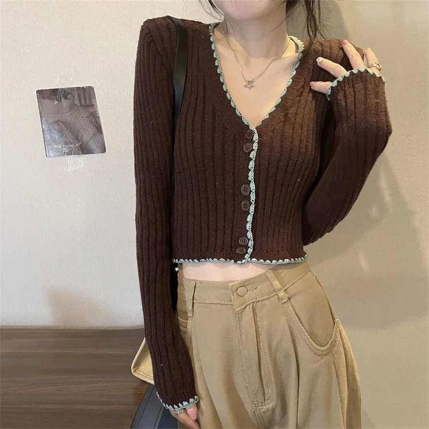 Wenkouban Black Friday Cyber Monday Christmas Long Sleeve Sweater Short Retro Shoulder V-neck Knitted Cardigan Contrast Color Autumn and Winter Top