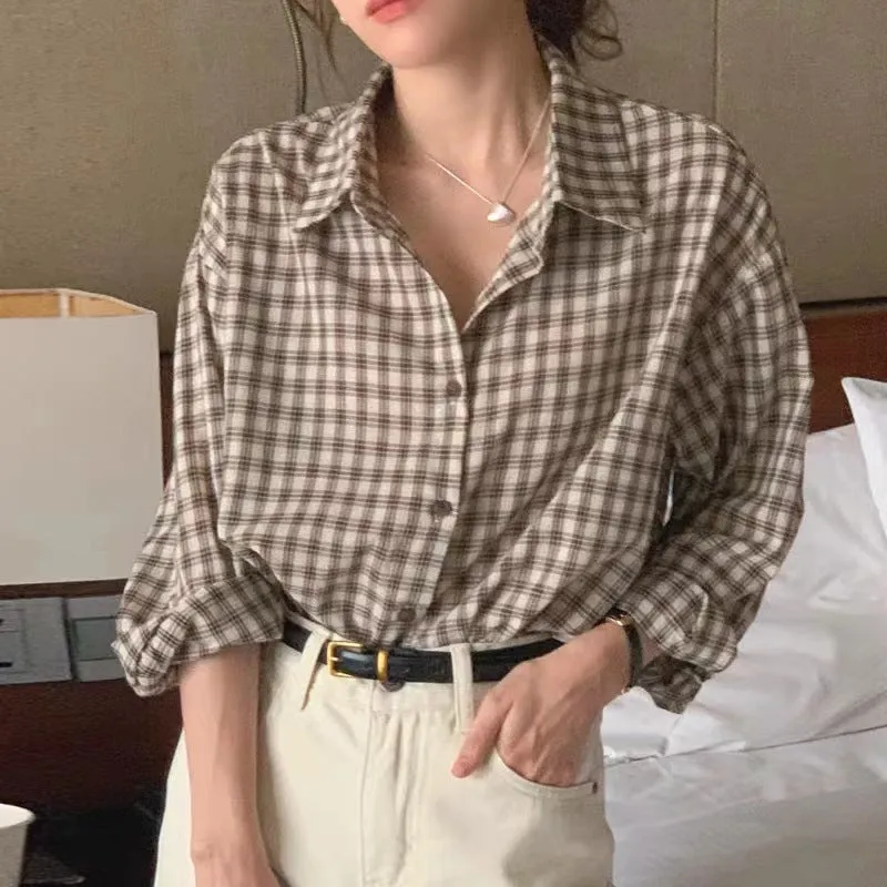 Wenkouban tomboy outfit Chic Spring Retro Niche Lapel Contrast Color Plaid Design Loose Casual Long-Sleeved Shirt Top for Women