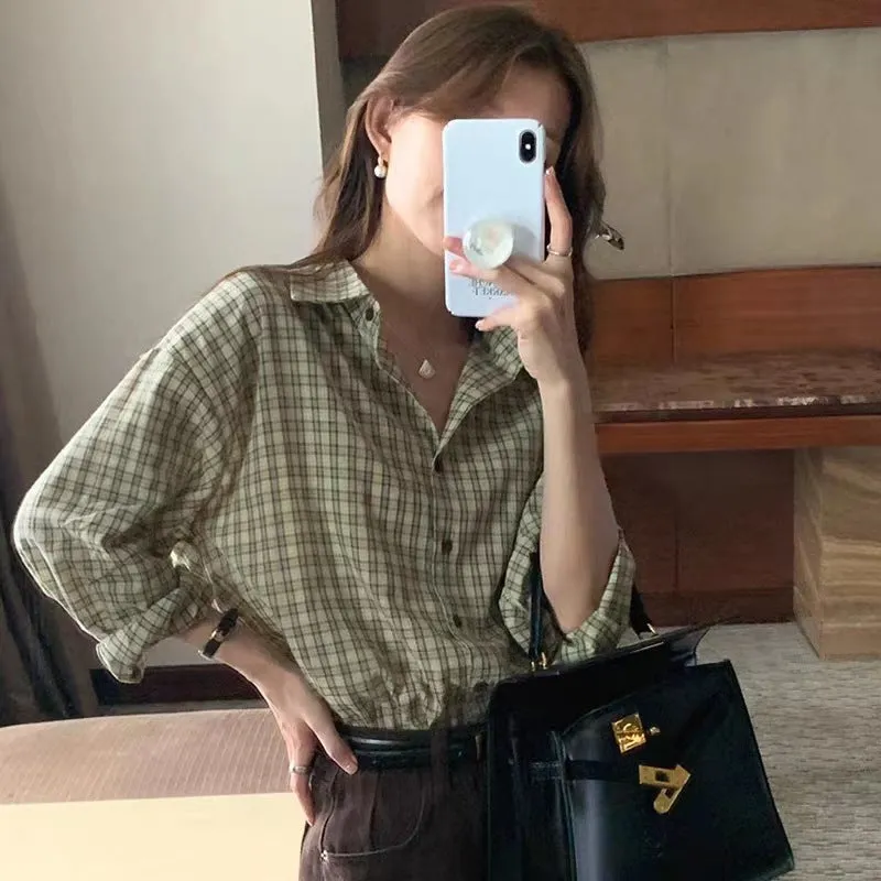 Wenkouban tomboy outfit Chic Spring Retro Niche Lapel Contrast Color Plaid Design Loose Casual Long-Sleeved Shirt Top for Women