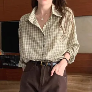 Wenkouban tomboy outfit Chic Spring Retro Niche Lapel Contrast Color Plaid Design Loose Casual Long-Sleeved Shirt Top for Women