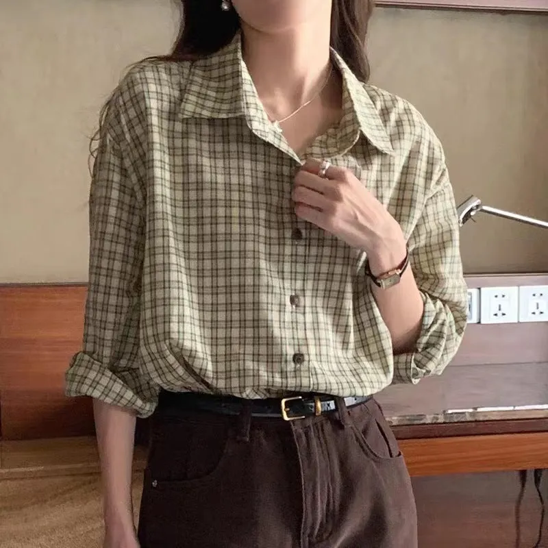 Wenkouban tomboy outfit Chic Spring Retro Niche Lapel Contrast Color Plaid Design Loose Casual Long-Sleeved Shirt Top for Women
