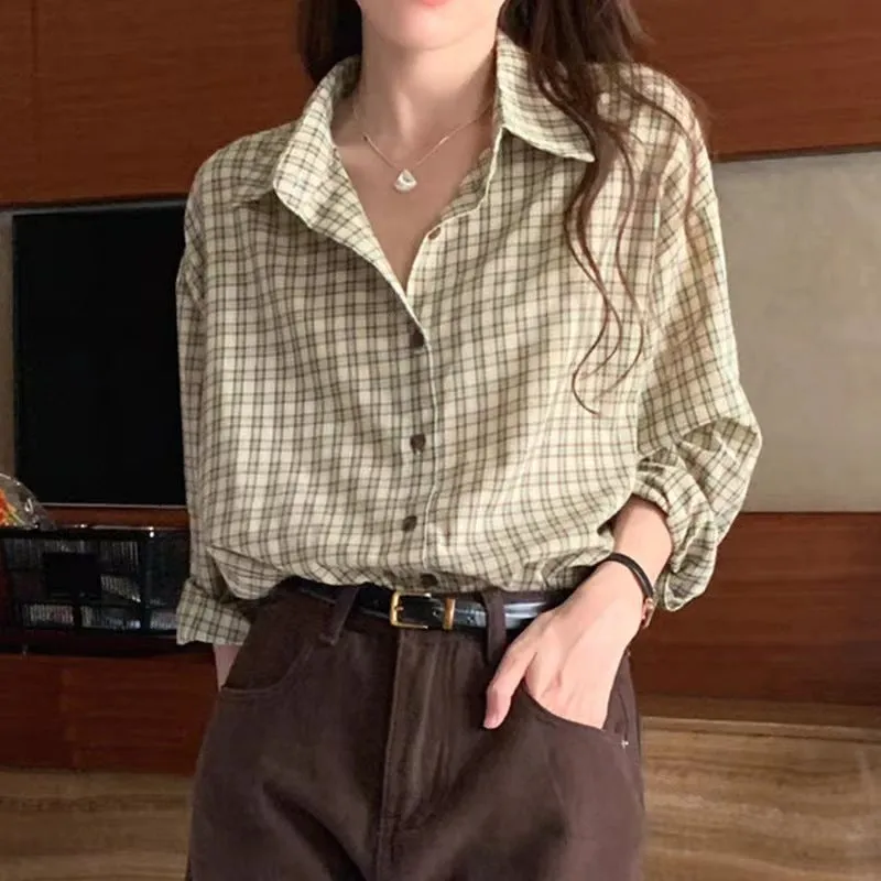 Wenkouban tomboy outfit Chic Spring Retro Niche Lapel Contrast Color Plaid Design Loose Casual Long-Sleeved Shirt Top for Women