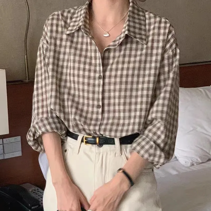 Wenkouban tomboy outfit Chic Spring Retro Niche Lapel Contrast Color Plaid Design Loose Casual Long-Sleeved Shirt Top for Women