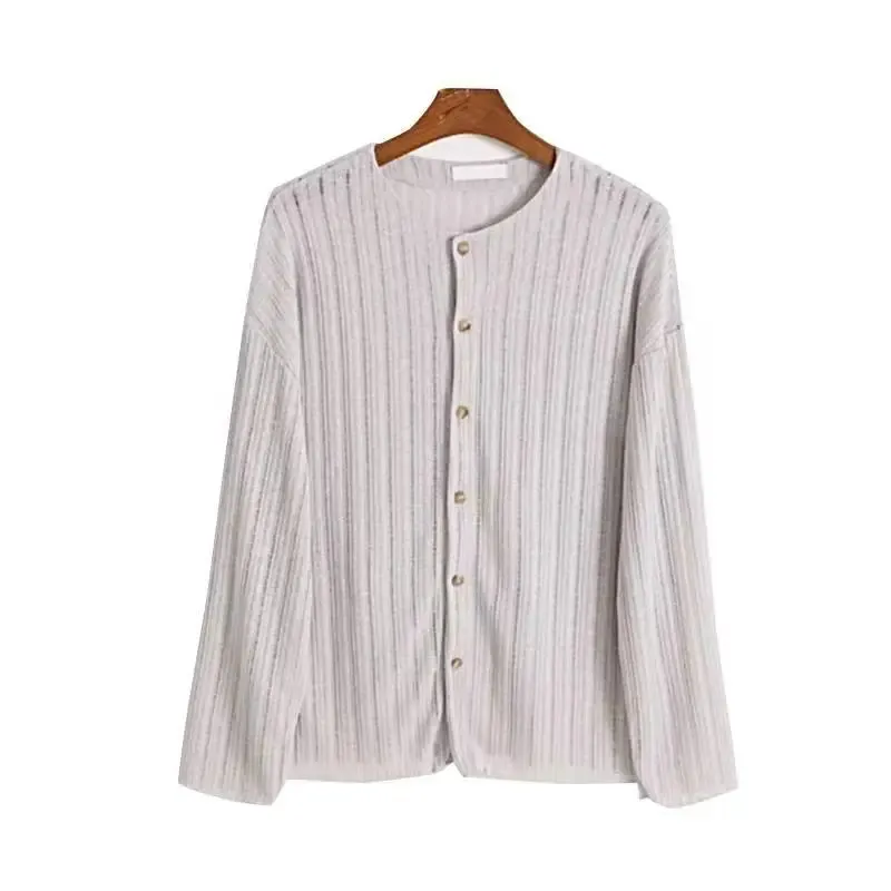 Wiaofellas  -  Spring Summer Korean Version Men's Shirt Round Neck Loose Casual Hollow Perspective Cardigan Men's Artistic Versatile Tops