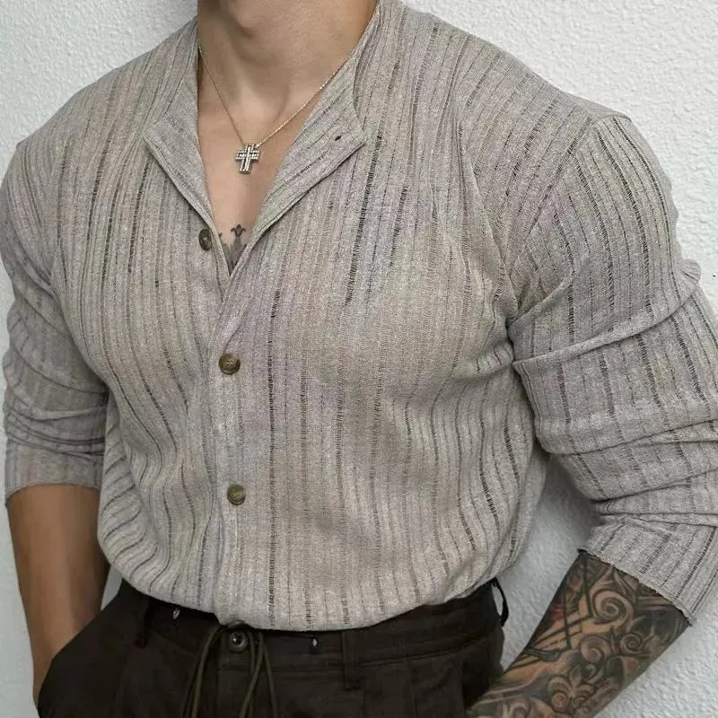 Wiaofellas  -  Spring Summer Korean Version Men's Shirt Round Neck Loose Casual Hollow Perspective Cardigan Men's Artistic Versatile Tops