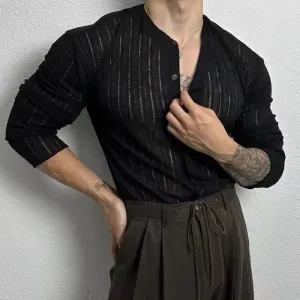 Wiaofellas  -  Spring Summer Korean Version Men's Shirt Round Neck Loose Casual Hollow Perspective Cardigan Men's Artistic Versatile Tops