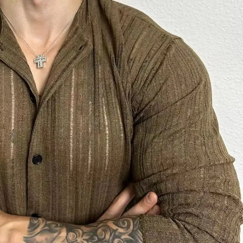 Wiaofellas  -  Spring Summer Korean Version Men's Shirt Round Neck Loose Casual Hollow Perspective Cardigan Men's Artistic Versatile Tops