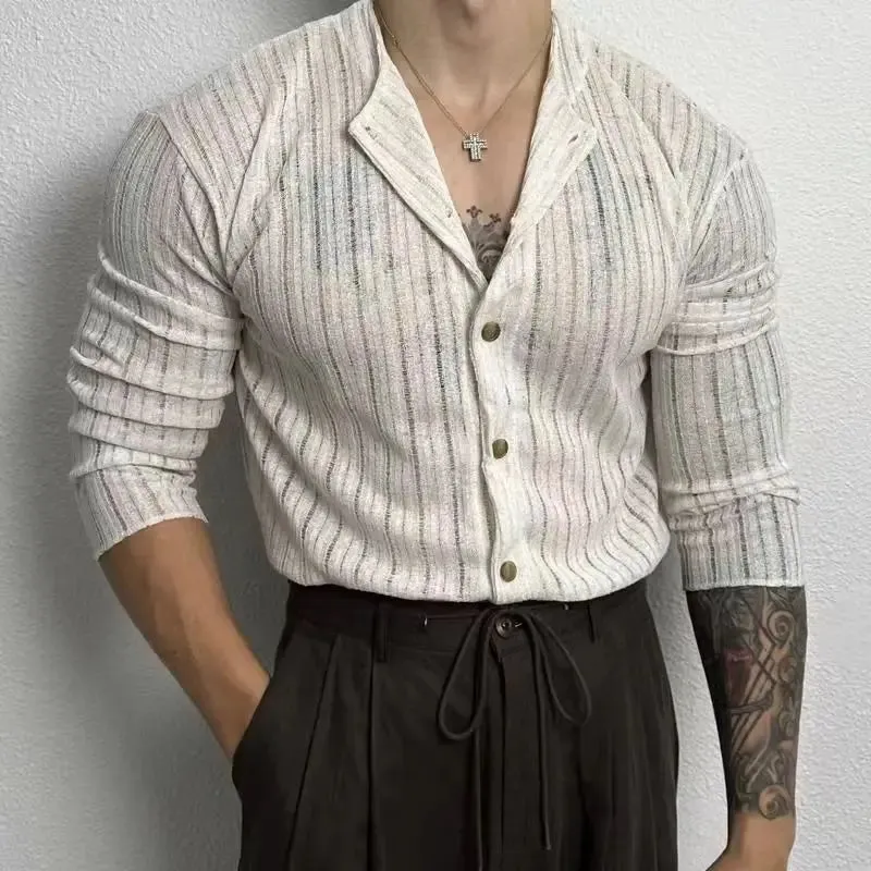 Wiaofellas  -  Spring Summer Korean Version Men's Shirt Round Neck Loose Casual Hollow Perspective Cardigan Men's Artistic Versatile Tops