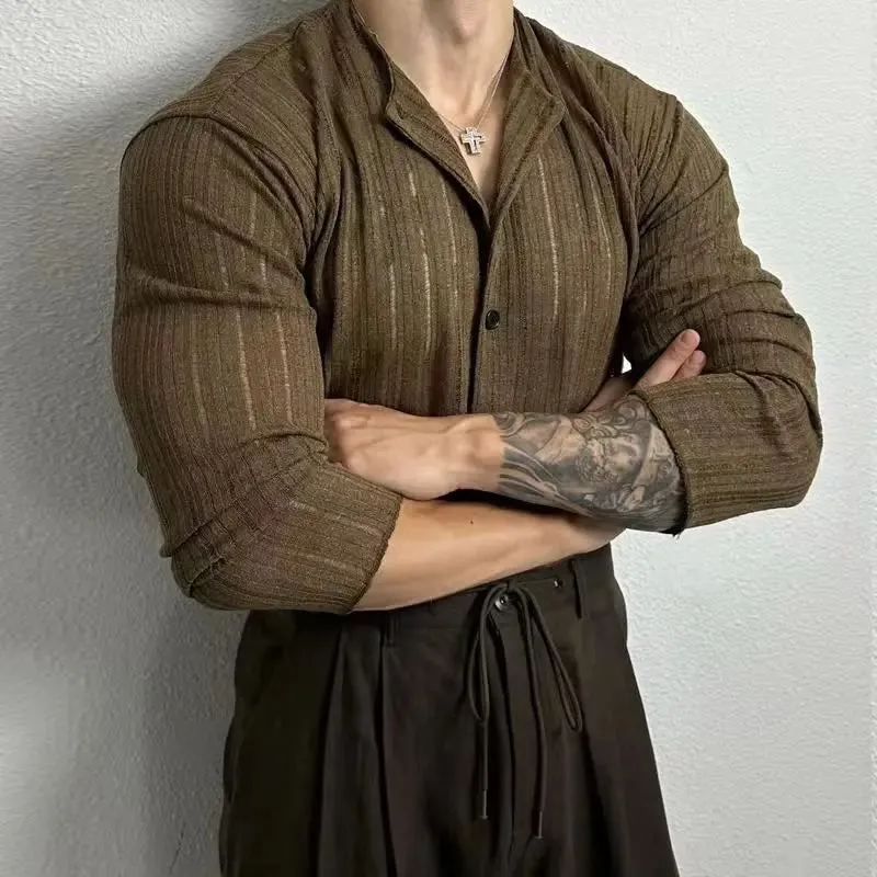 Wiaofellas  -  Spring Summer Korean Version Men's Shirt Round Neck Loose Casual Hollow Perspective Cardigan Men's Artistic Versatile Tops