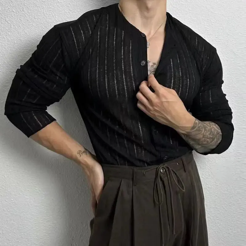 Wiaofellas  -  Spring Summer Korean Version Men's Shirt Round Neck Loose Casual Hollow Perspective Cardigan Men's Artistic Versatile Tops