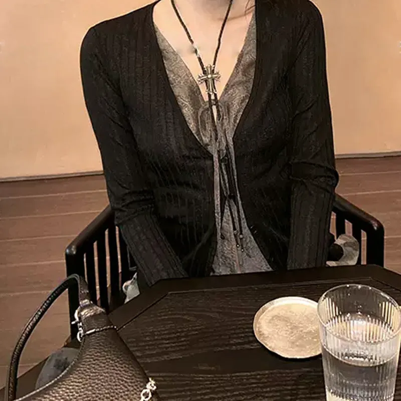 Wjczt outfit inspo Contrast Charm V-neck Fake Two-Piece Contrast Color Jacquard Lace-up Knitted Cardigan Women's Long-Sleeved Top