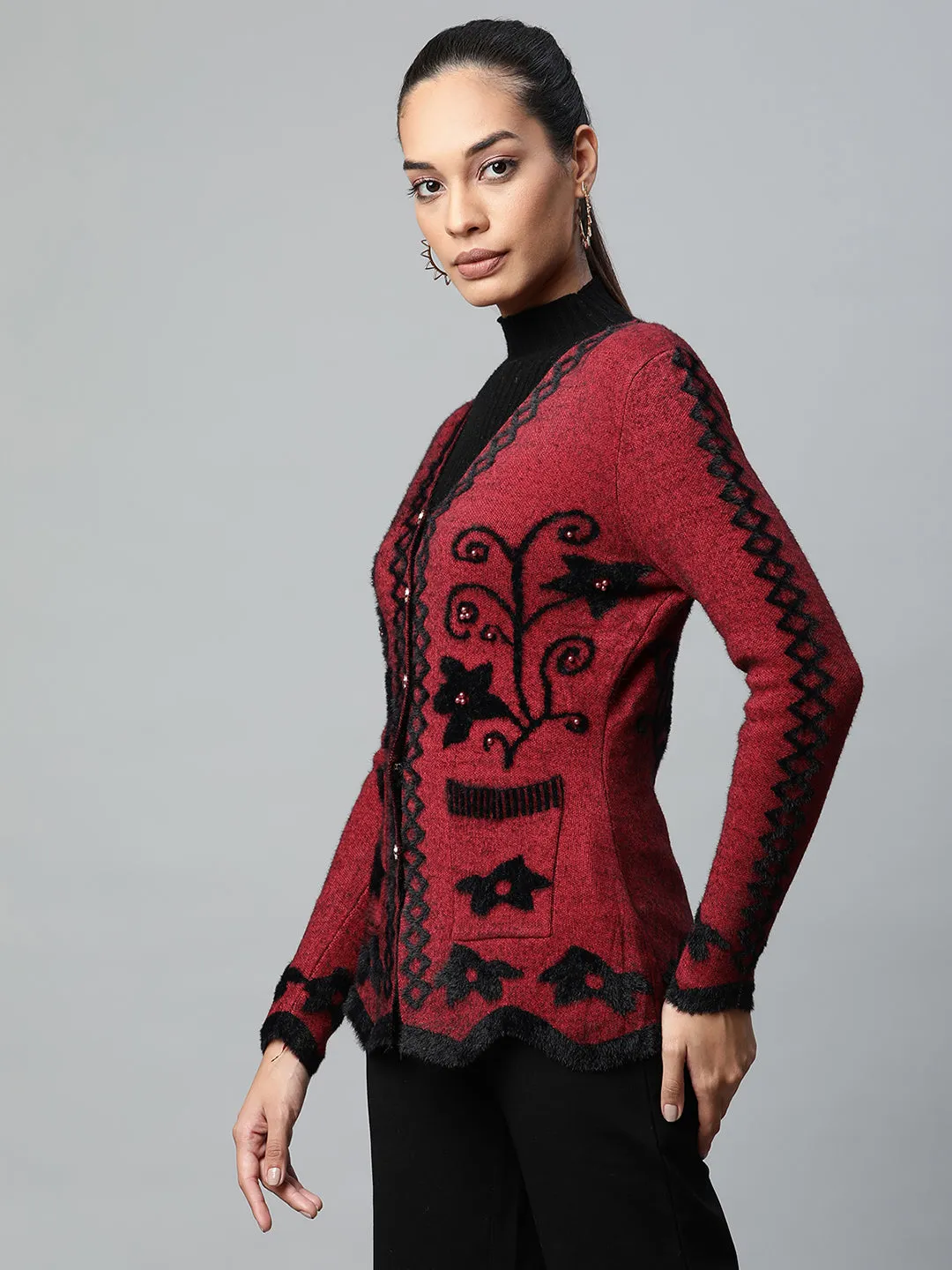 Women Maroon V-Neck Floral Pattern Furry Jersey Cardigan