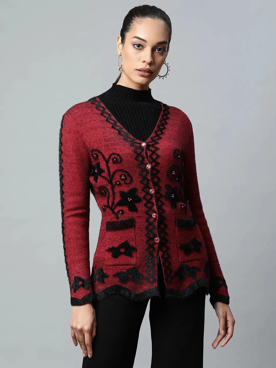 Women Maroon V-Neck Floral Pattern Furry Jersey Cardigan