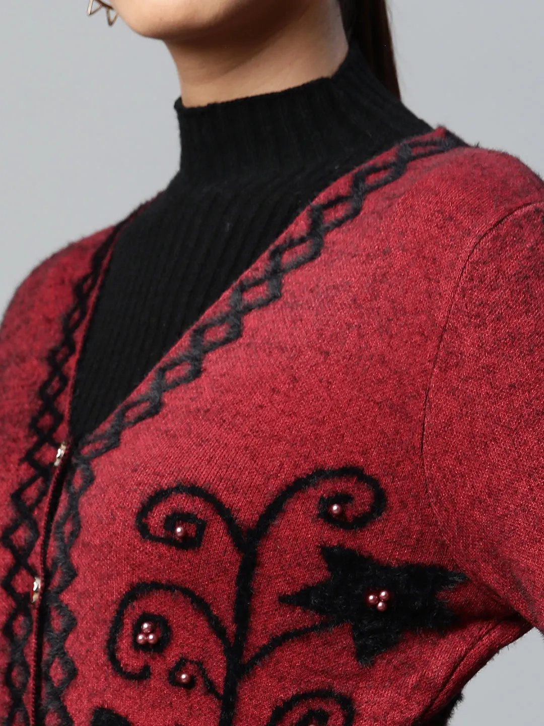 Women Maroon V-Neck Floral Pattern Furry Jersey Cardigan