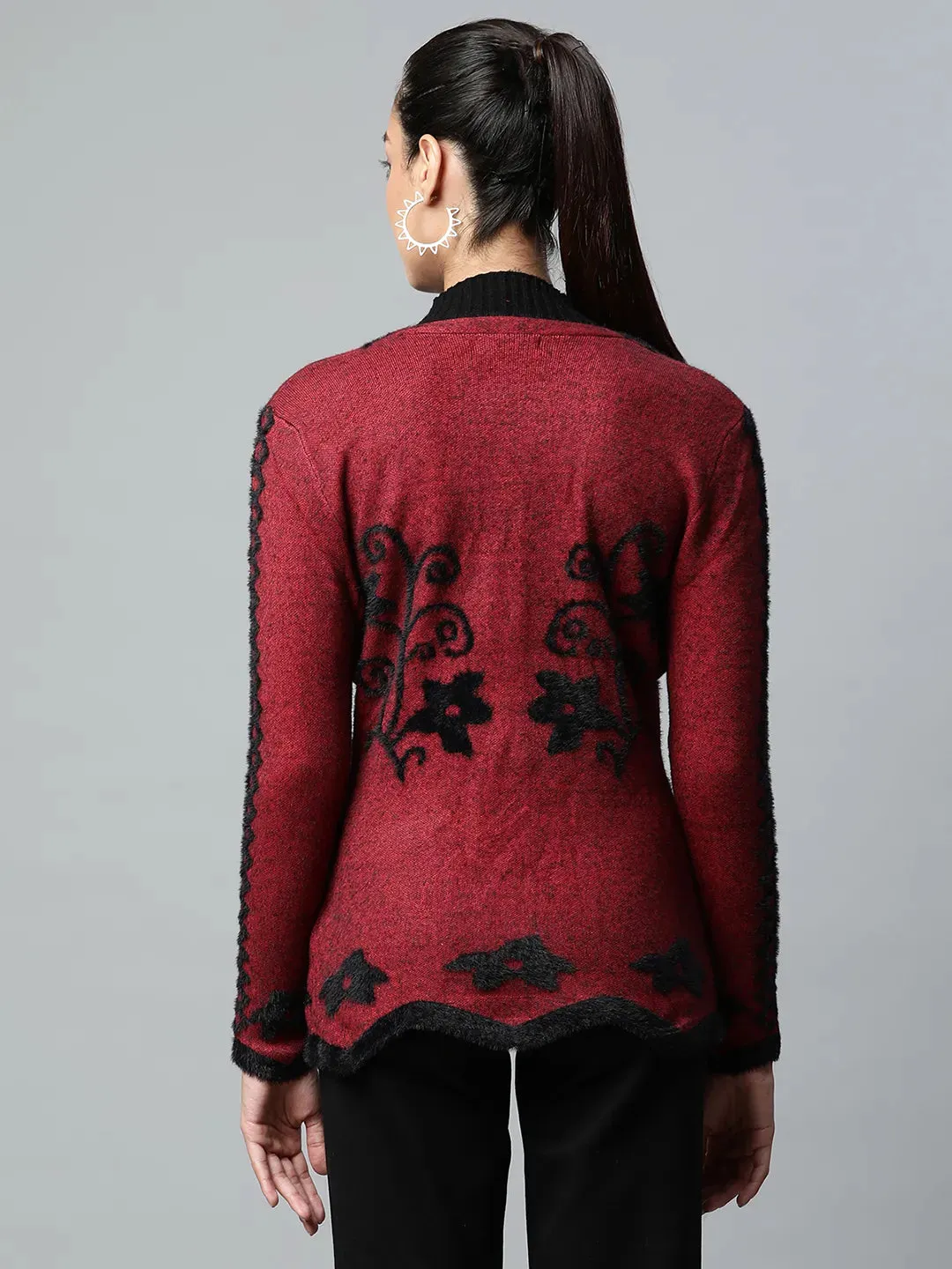 Women Maroon V-Neck Floral Pattern Furry Jersey Cardigan